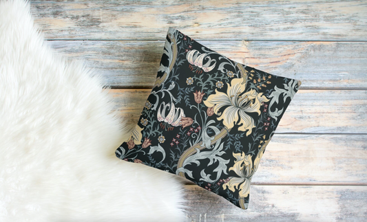 Enchanted Golden Lily Outdoor Pillow William Morris Dark Black Floral