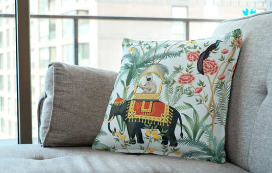 Jaipur Outdoor Pillows Chinoiserie Blue Monkey Elephant