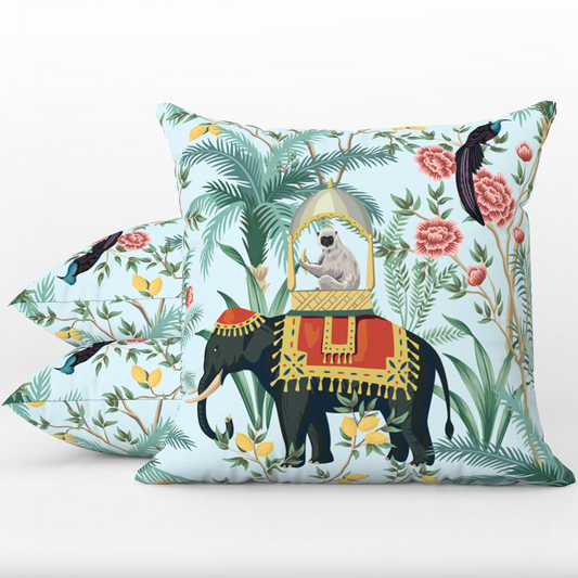 Jaipur Outdoor Pillows Chinoiserie Blue Monkey Elephant