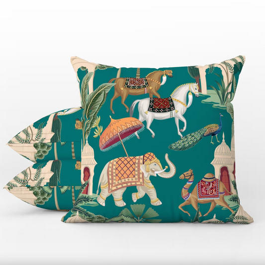 Rajasthan Outdoor Pillows Chinoiserie Elephant Horses Teal Green