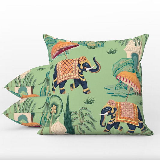 Banswara Outdoor Pillows Chinoiserie Indian Elephants Green