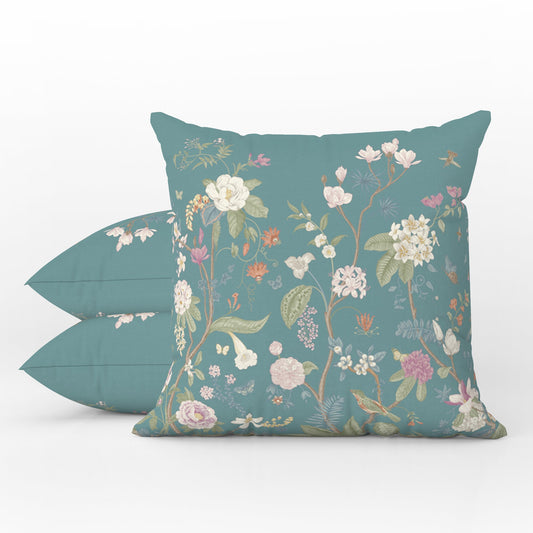 Chinoiserie Fresco Outdoor Pillows Teal Floral