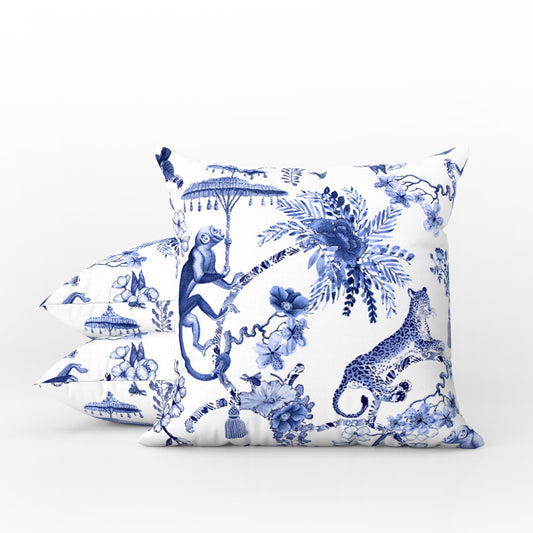 Monkey Jungle Outdoor Pillows Chinoiserie Blue Toile