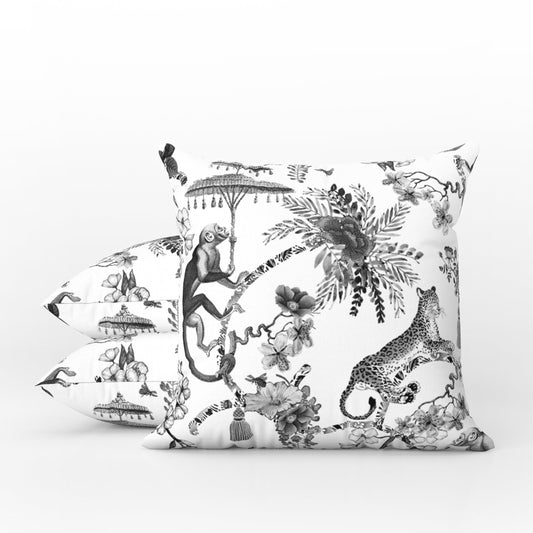 Monkey Jungle Outdoor Pillows Chinoiserie Black & White