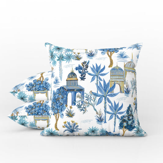 Le Jardin Outdoor Pillows Chinoiserie Pagoda Palm Blue