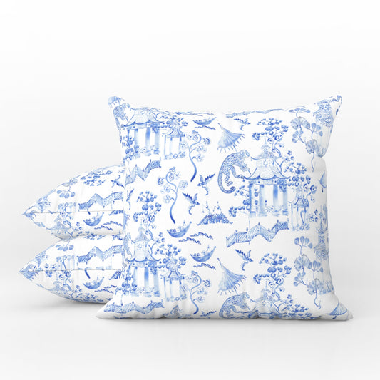 Monkey Jungle Outdoor Pillows Chinoiserie Soft Blue Toile