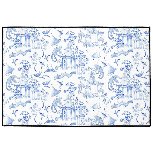 Chinoiserie Indoor/Outdoor Floor Mat Blue Toile de Jouy Monkey
