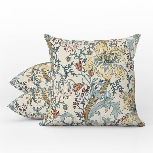Enchanted Golden Lily Outdoor Pillow William Morris Blue Cream