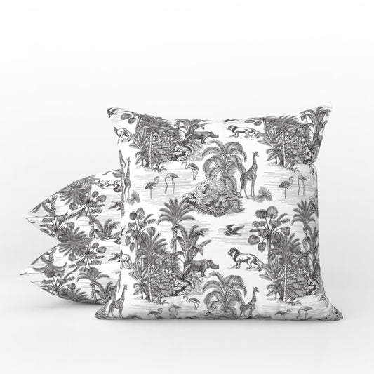 Lion Safari Outdoor Pillows Chinoiserie Black Toile