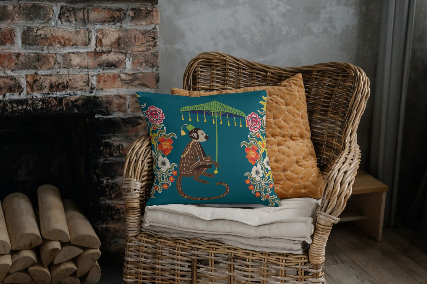 Kuta Outdoor Pillows Teal Chinoiserie Monkey Umbrella