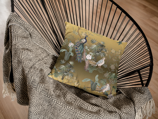 Chinoiserie Outdoor Pillows Golden Peacock Floral