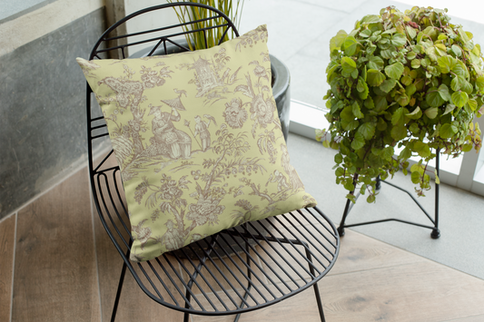 Chinoiserie Outdoor Pillows Antique Yellow Sepia Toile de Jouy