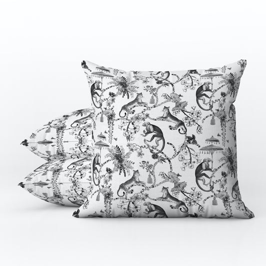 Monkey Jungle Outdoor Pillows Chinoiserie Black & White