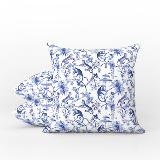 Monkey Jungle Outdoor Pillows Chinoiserie Blue Toile