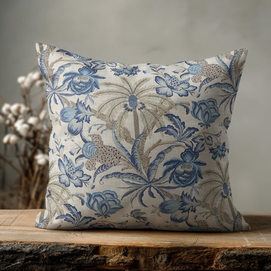 Palm Chintz Cotton Pillow Cover Ecru Blue