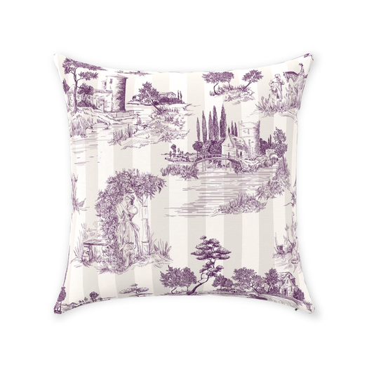 Vintage French Cotton Pillows Plum Cream Stripe Toile de Jouy
