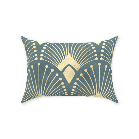 Art Deco Cotton Pillow Blue Gold Peacock Fan
