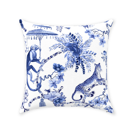 Chinoiserie Jungle Monkeys Cotton Pillows Blue