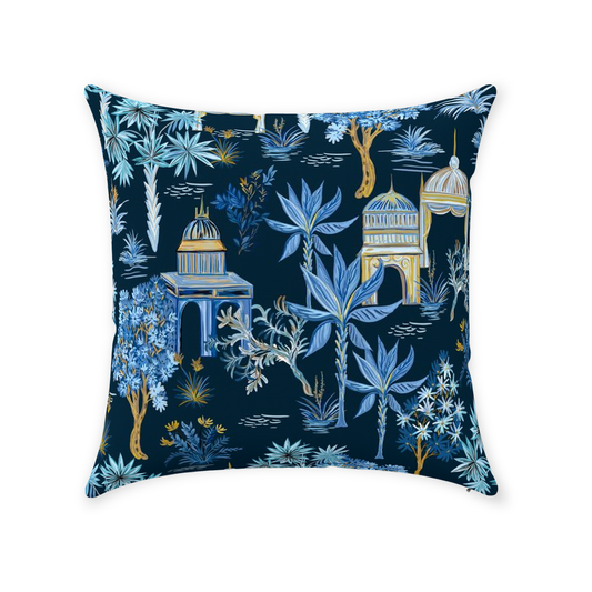 Le Jardin Cotton Pillows Navy Blue Chinoiserie Temples
