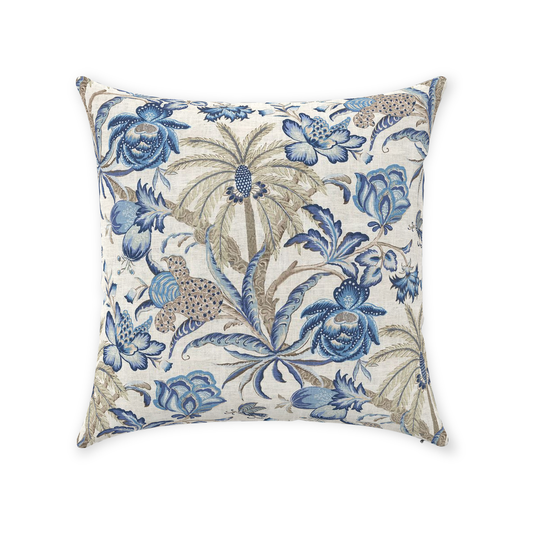 Palm Chintz Cotton Pillow Cover Ecru Blue