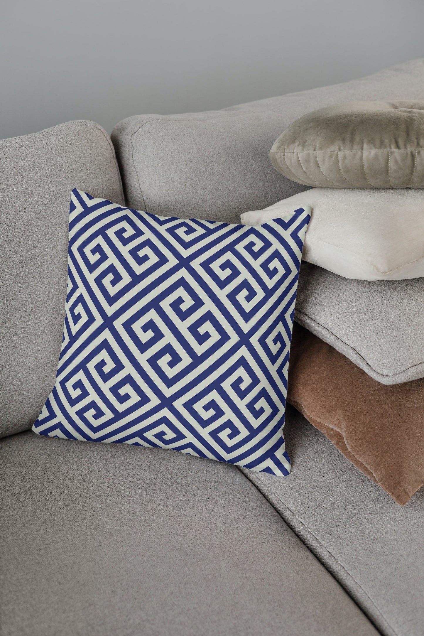 Greek Key Outdoor Pillows Dark Navy Blue