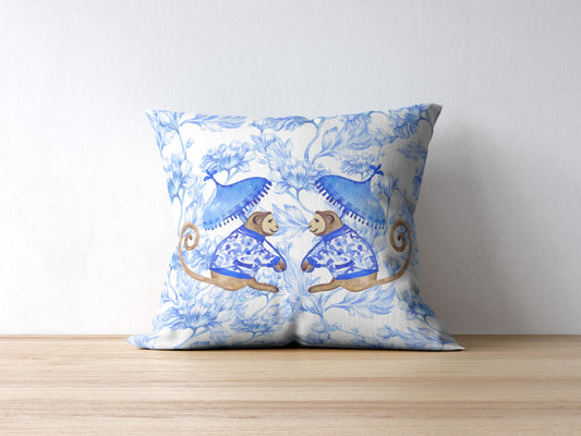 Belvedere Outdoor Pillows Chinoiserie Monkey Palm Blue