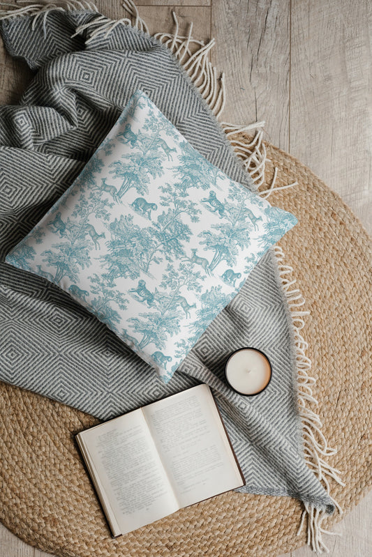Tiger Forest Outdoor Pillows Chinoiserie Aqua Mint Toile