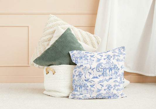 Monkey Jungle Outdoor Pillows Chinoiserie Soft Blue Toile