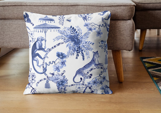 Monkey Jungle Outdoor Pillows Chinoiserie Blue Toile