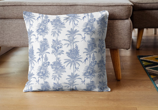 Jungle Toile Outdoor Pillows Monkey Palm Blue