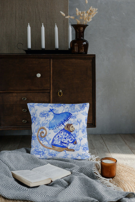 Belvedere II Outdoor Pillows Chinoiserie Monkey Palm Blue