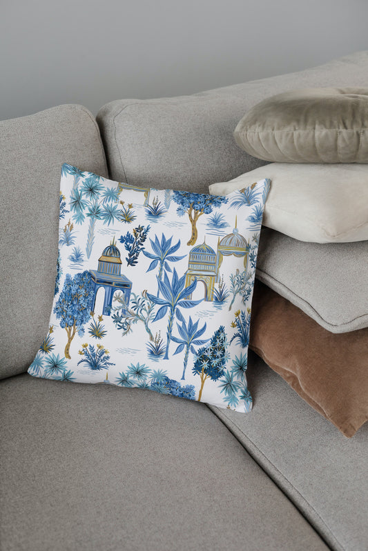 Le Jardin Outdoor Pillows Chinoiserie Pagoda Palm Blue