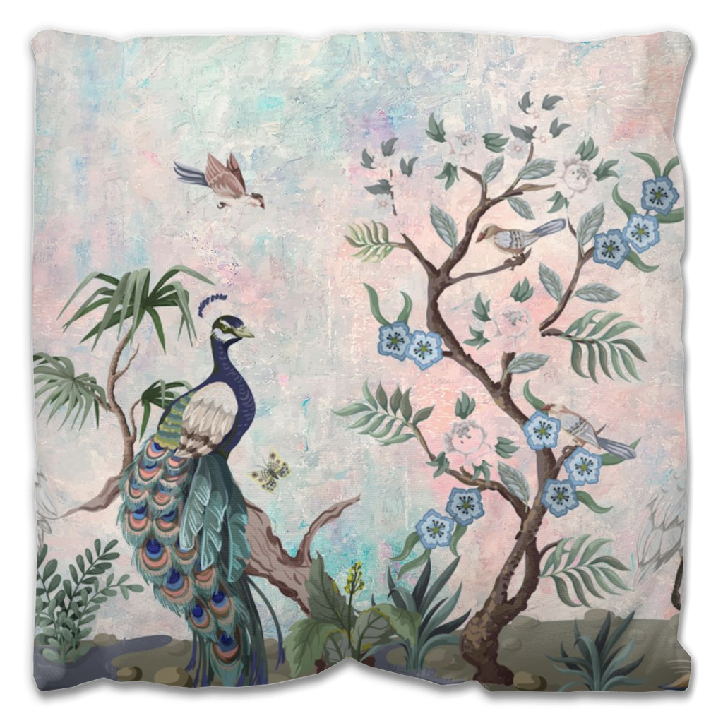 Chinoiserie Outdoor Pillows Pink & Blue Peacock Fresco