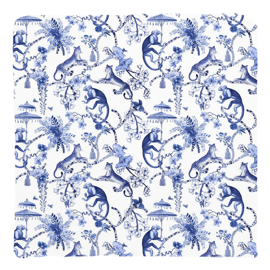 Chinoiserie Monkey Cotton Pillows Toile de Jouy Blue White