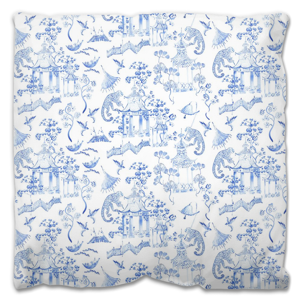 Monkey Pagoda Outdoor Pillows Chinoiserie Blue & White