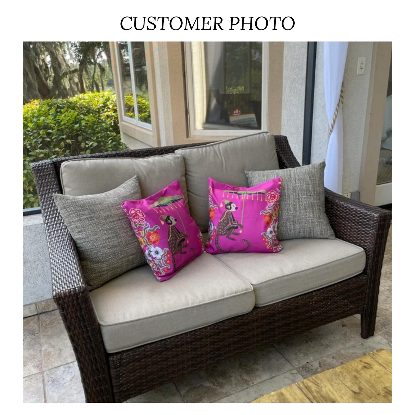 Kuta Outdoor Pillows Pink Chinoiserie Monkey Umbrella