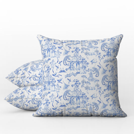 Monkey Pagoda Outdoor Pillows Chinoiserie Blue & White