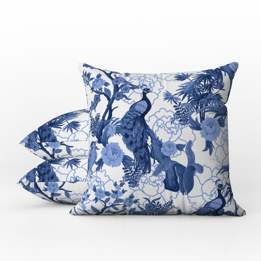 Peacock Peony Outdoor Pillows Chinoiserie Blue & White