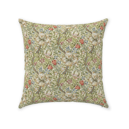 Golden Lily Cotton Pillow William Morris Green Gold