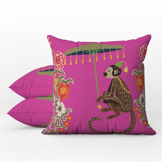 Kuta Outdoor Pillows Pink Chinoiserie Monkey Umbrella