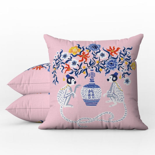 Batur Outdoor Pillows Baby Pink Chinoiserie Monkey Floral