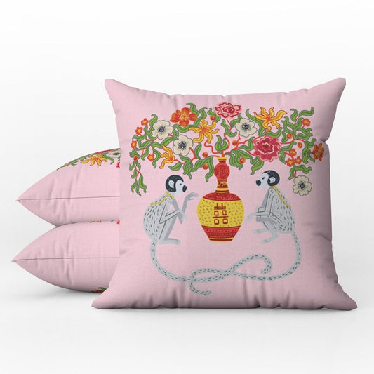 Ubud Outdoor Pillows Baby Pink Chinoiserie Monkey Floral