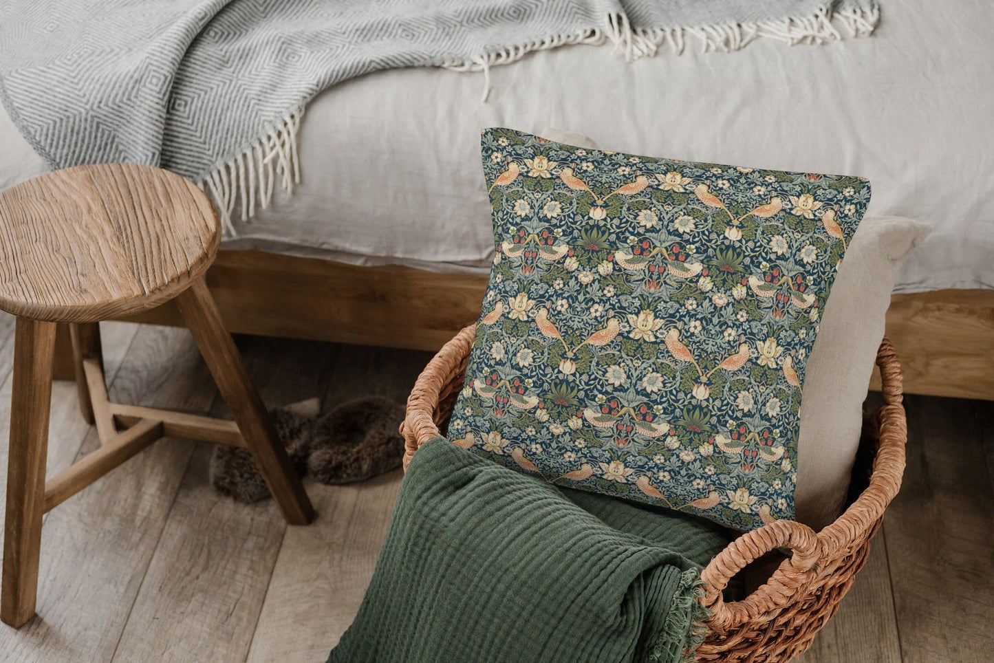 Strawberry Thief Cotton Throw Pillows William Morris Forest Thyme Green