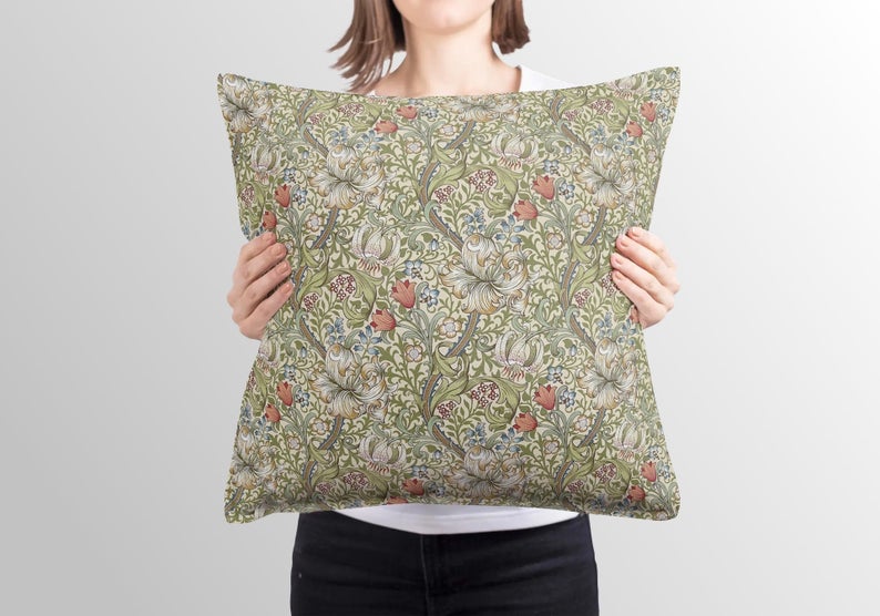 Golden Lily Cotton Pillow William Morris Green Gold