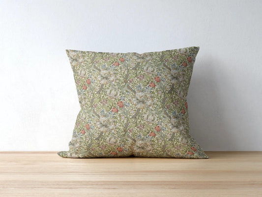 Golden Lily Cotton Pillow William Morris Green Gold