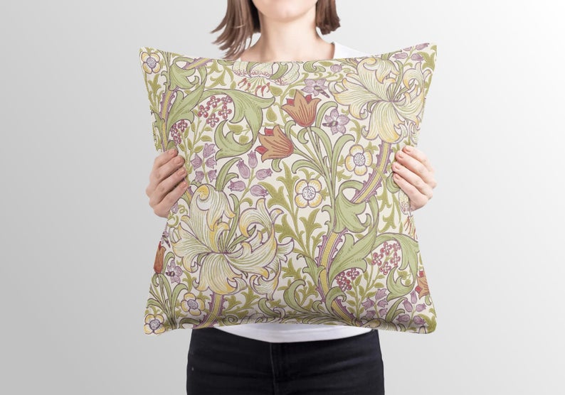 Golden Lily Cotton Pillow William Morris Olive Russet