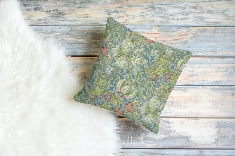 Golden Lily Cotton Pillow William Morris Mineral Blue