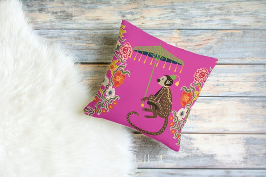 Kuta Outdoor Pillows Pink Chinoiserie Monkey Umbrella