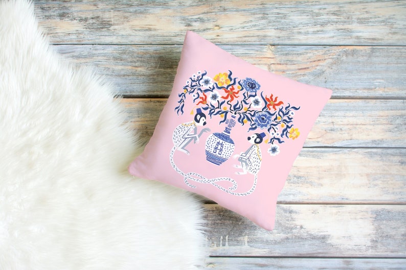 Batur Outdoor Pillows Baby Pink Chinoiserie Monkey Floral
