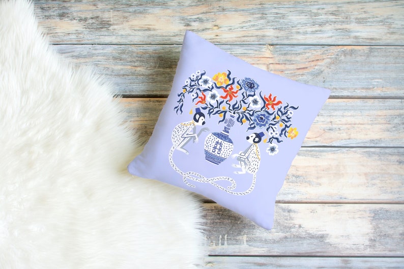Batur Outdoor Pillows Chinoiserie Blue Chinese Monkey Floral